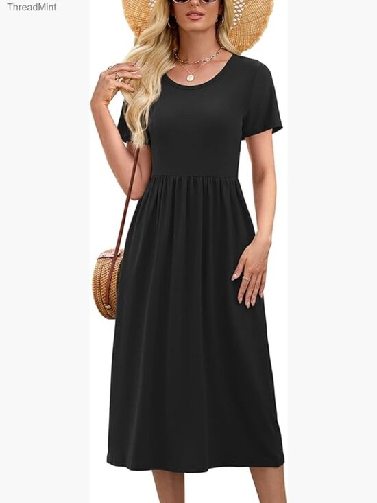 Dresses & Skirts - Casual Short Sleeve Midi Dress Crewneck A Line Tiered Flowy Loose Travel Summer